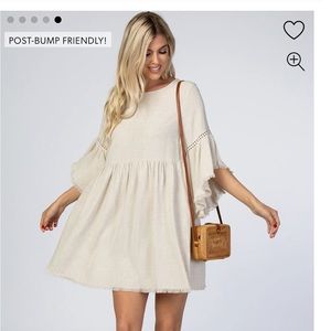 PINK BLUSH Beige Raw Edge Bell Sleeve Babydoll Maternity Dress